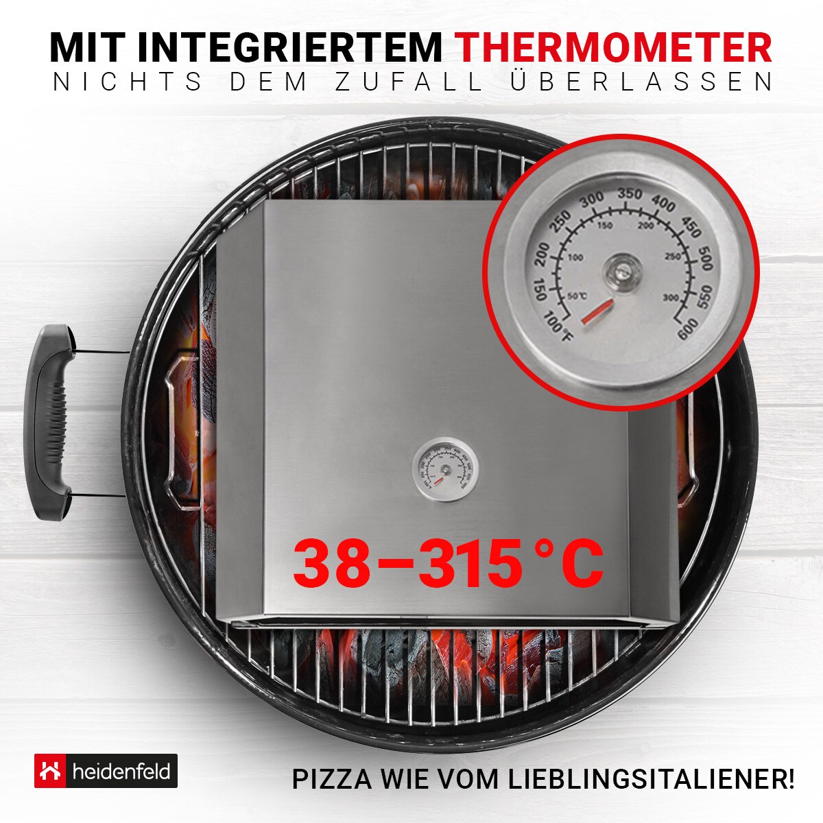 Heidenfeld Pizzaaufsatz Roma für Gasgrill und Holzkohlegrill, Edelstahl, mit Thermometer und Pizzastein