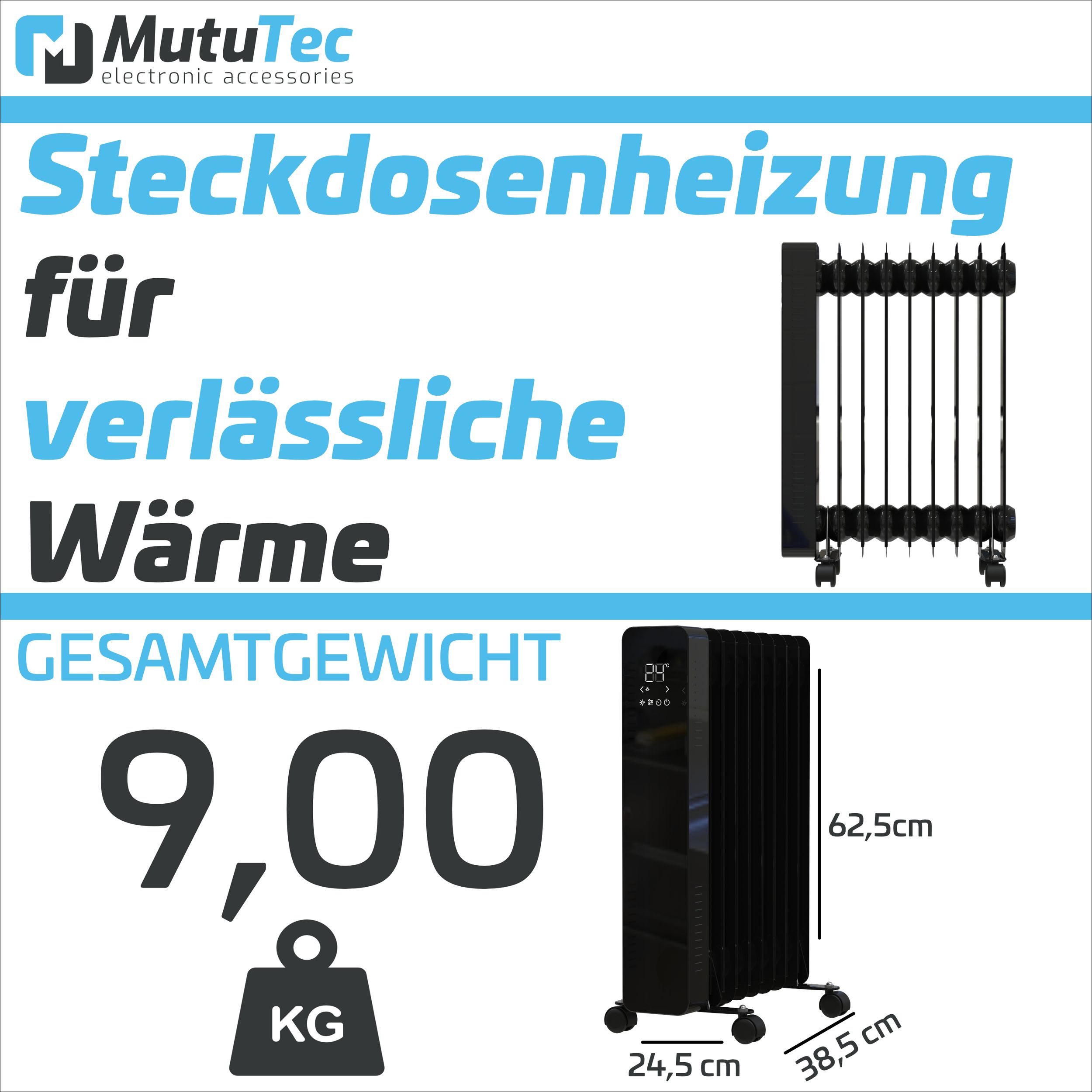 MutuTec Ölradiator / Elektroheizung 9 Rippen 2000W - Schwarz