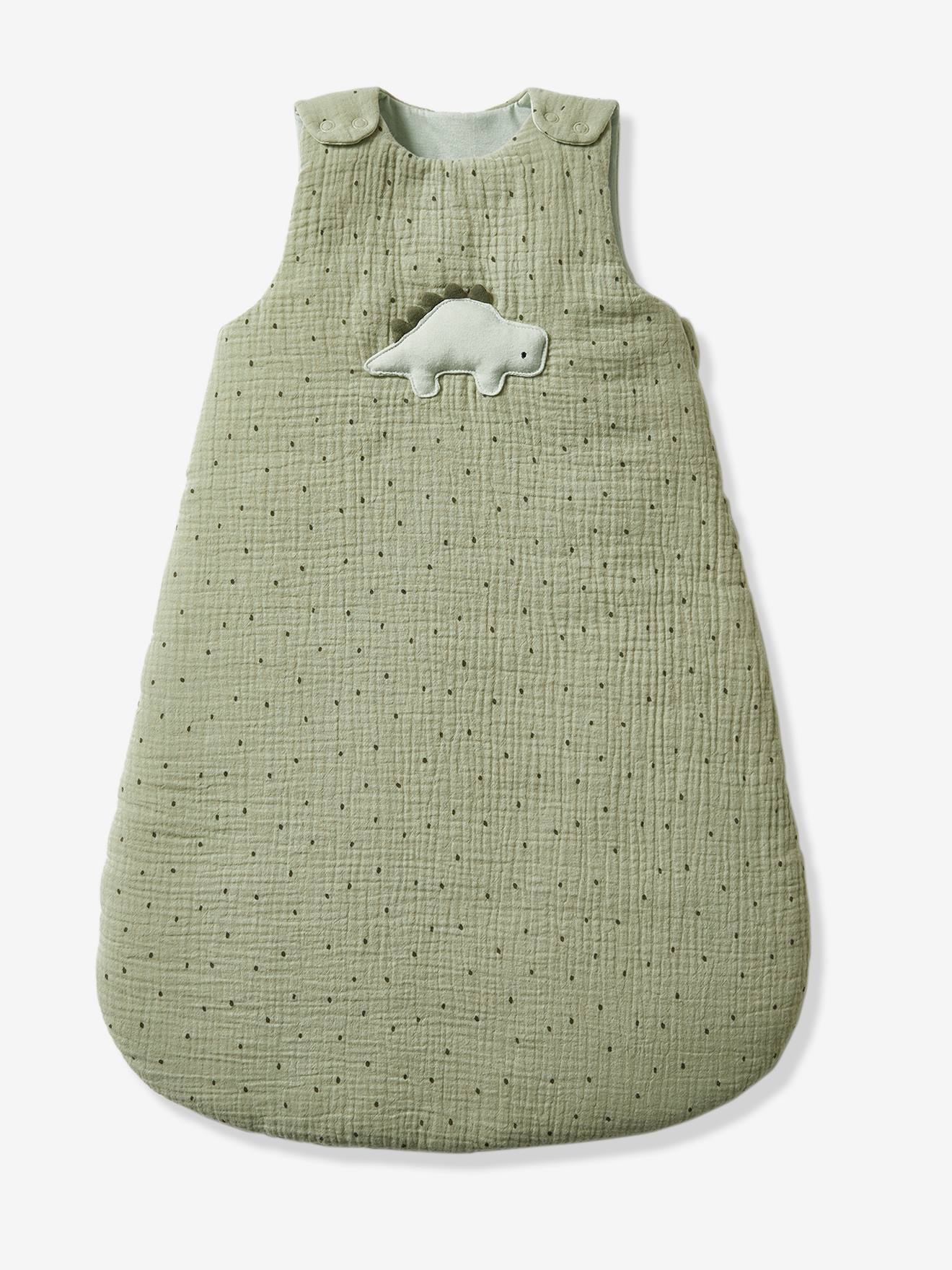 Cardigã sem mangas em chiffon de algodão com estampa lisa de dinossauros em verde médio.