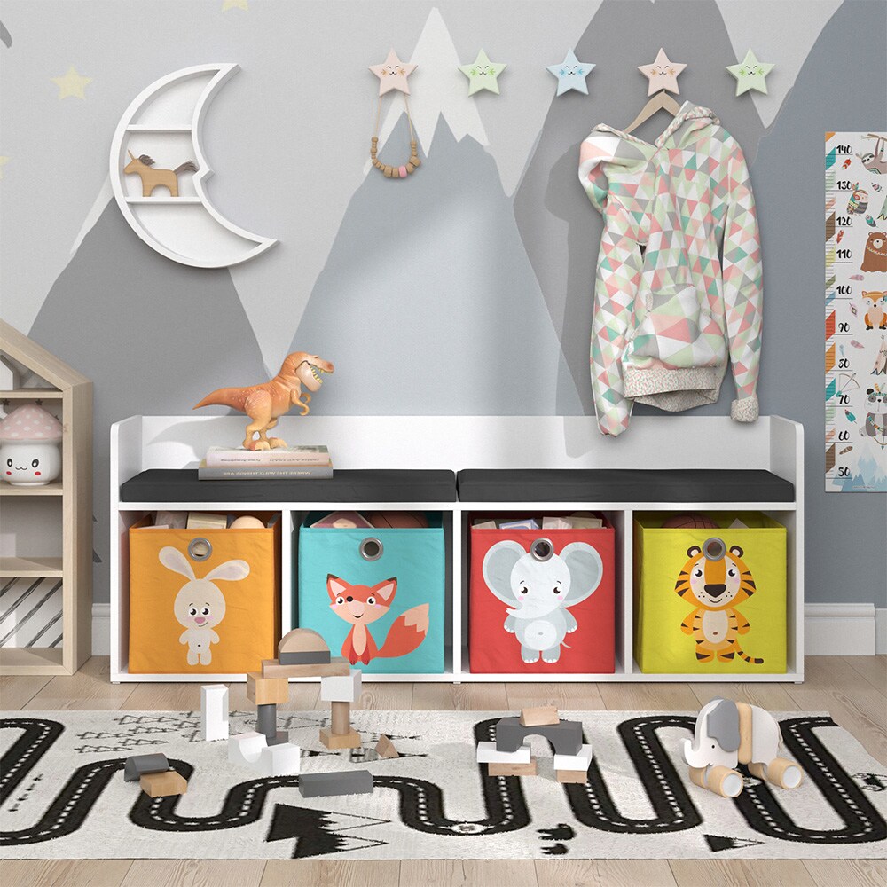 Vicco Sitzbank Kinderzimmerbank Kinderregal Luigi Weiß 142x53 cm modern Faltbox Kinderzimmer Regal Aufbewahrungsregal Bücherregal Lesebank Spielzeugaufbewahrung Organizer Regal-Bank-Kombi 4 Fächer