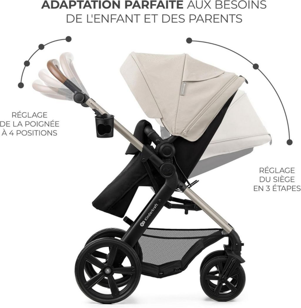 Poussette 3-en-1 Kinderkraft MOOV2, système de voyage de la naissance à 27 kg, siège auto Mink PRO I-Size inclus, pare-soleil extensible avec filtre UPF50+, accessoires pratiques, gris