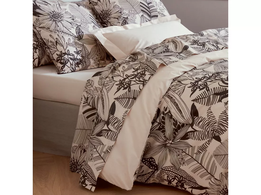 Drap plat 180x290 cm percale de coton ALBA beige/noir