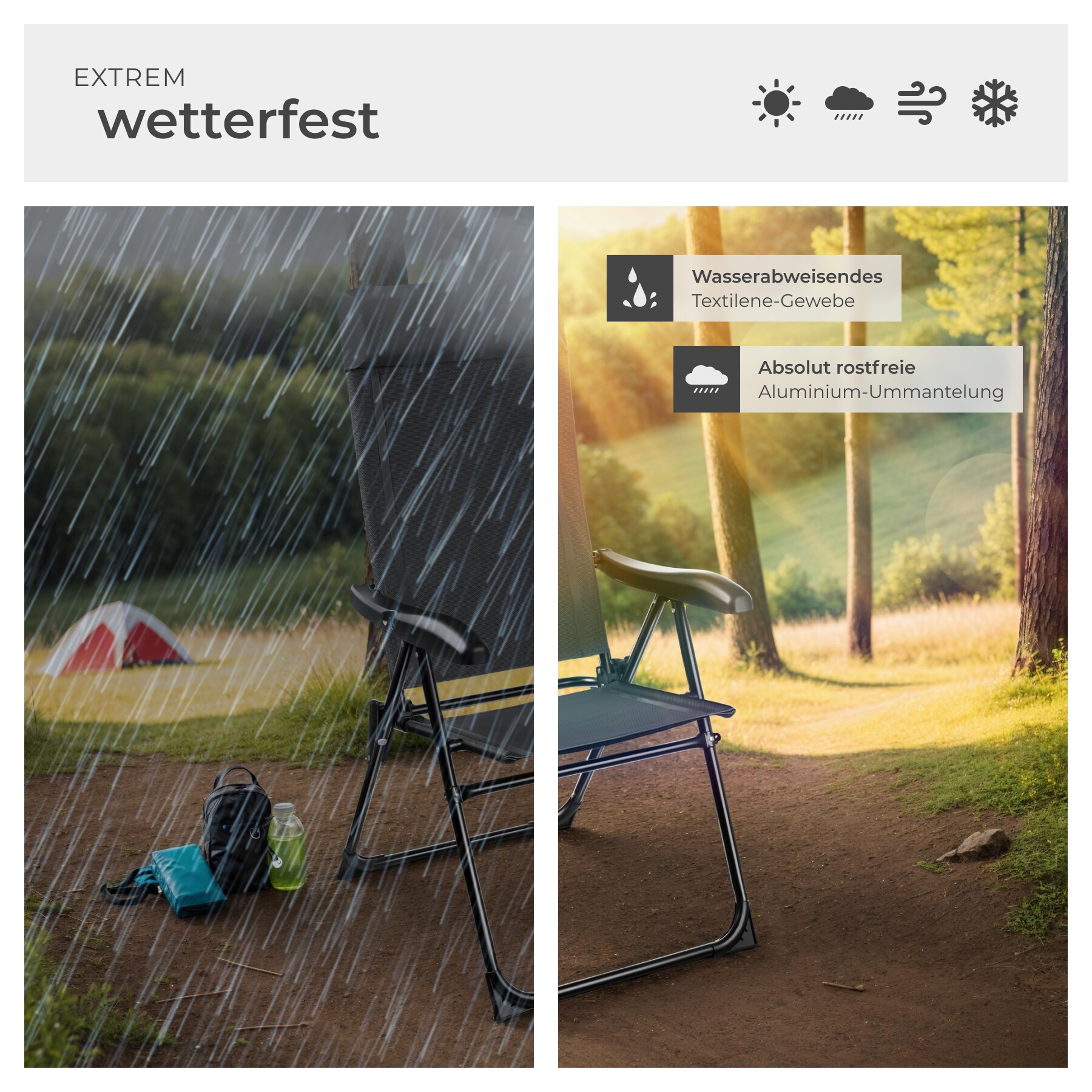 tectake® Campingstuhl, klappbar, 7-fach verstellbare Rückenlehne mit Kopfpolster, Belastbarkeit 120 kg, 57 x 65 x 112 cm