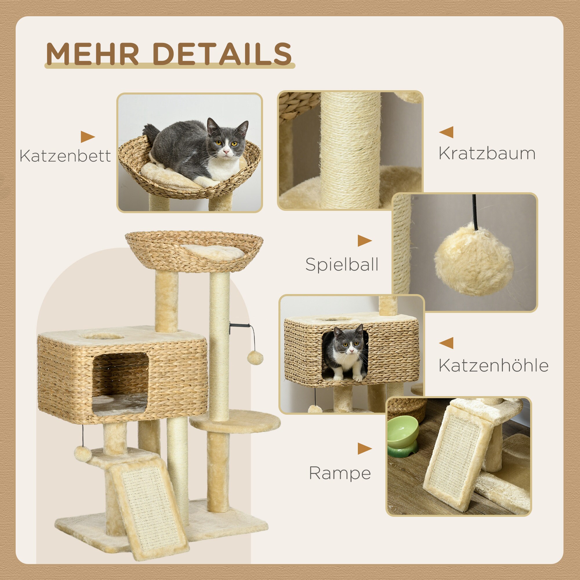 PawHut Kratzbaum mit Spielball und mehreren Ebenen beige 60L x 40B x 98H cm