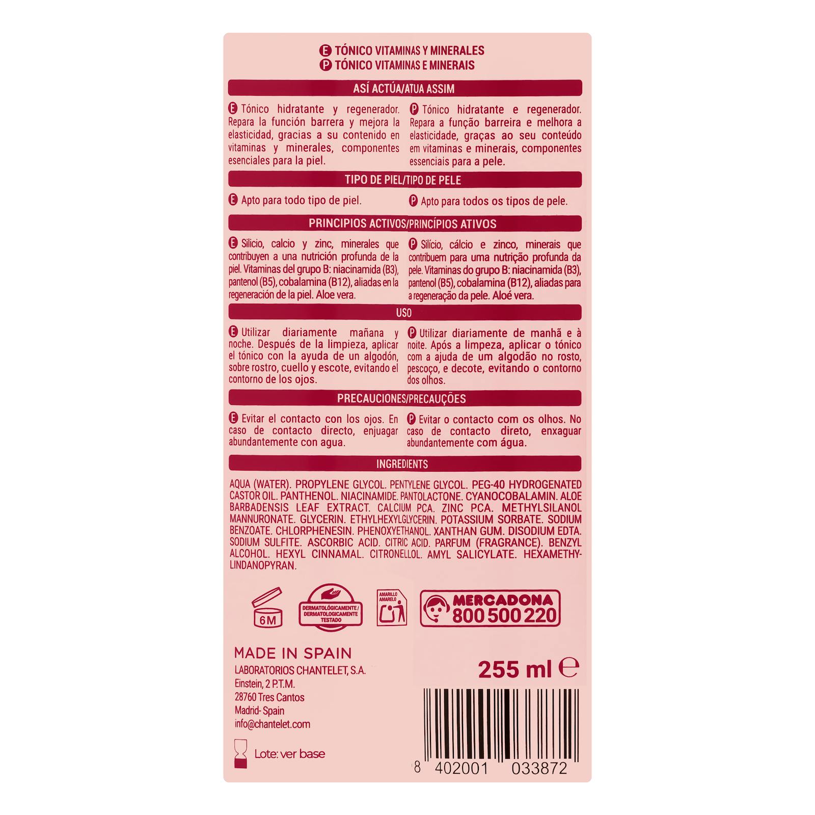 Tonique visage aux vitamines et minéraux, nettoyant visage, hydratant et régénérant