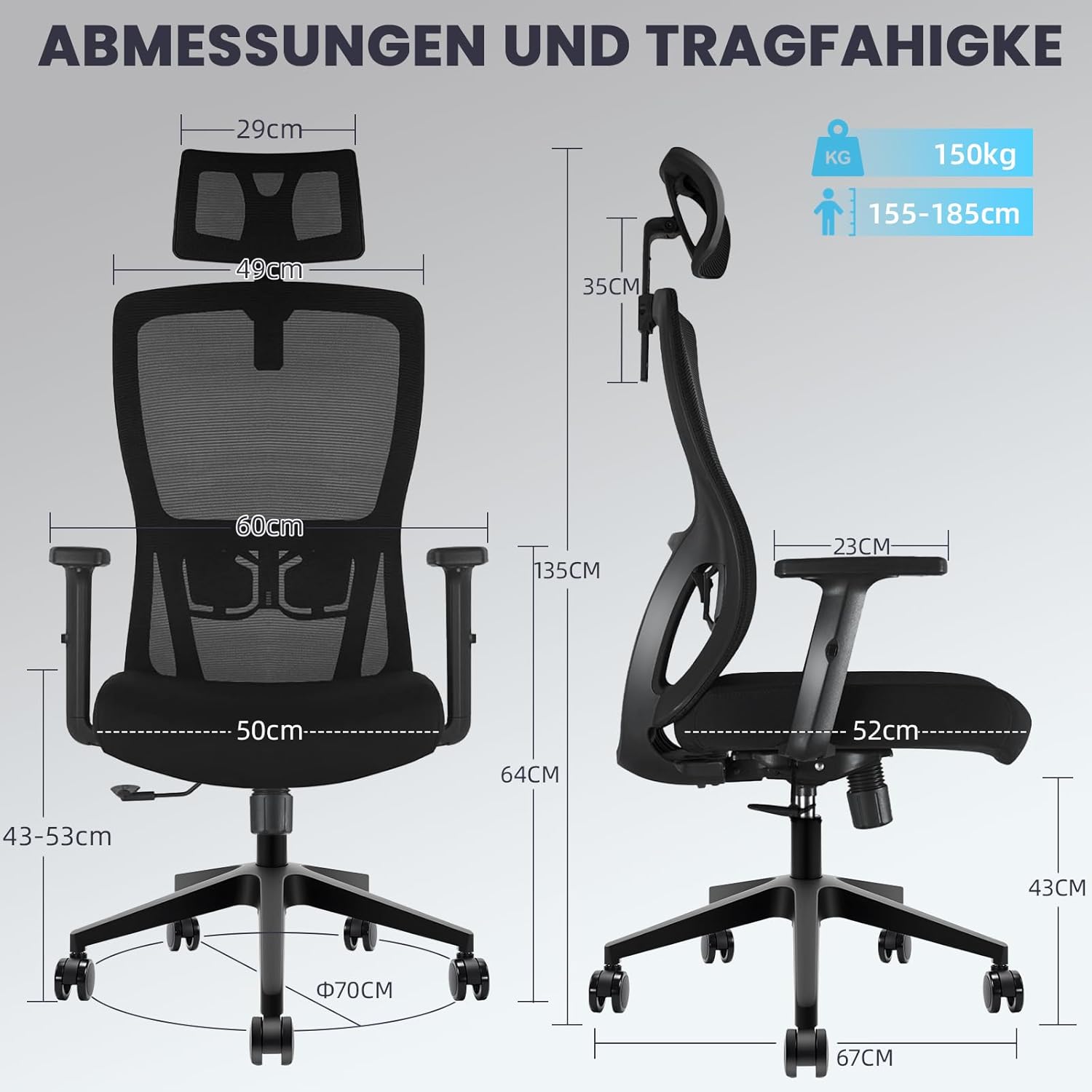 Ergonomischer Bürostuhl, Schreibtischstuhl Höhenverstellbar, Drehstuhl mit Verstellbarer Lendenwirbelstütze und Kopfstütze, 90°-130°Liegefunktion, Bürostuhl bis 150 kg Belastbar, Schwarz