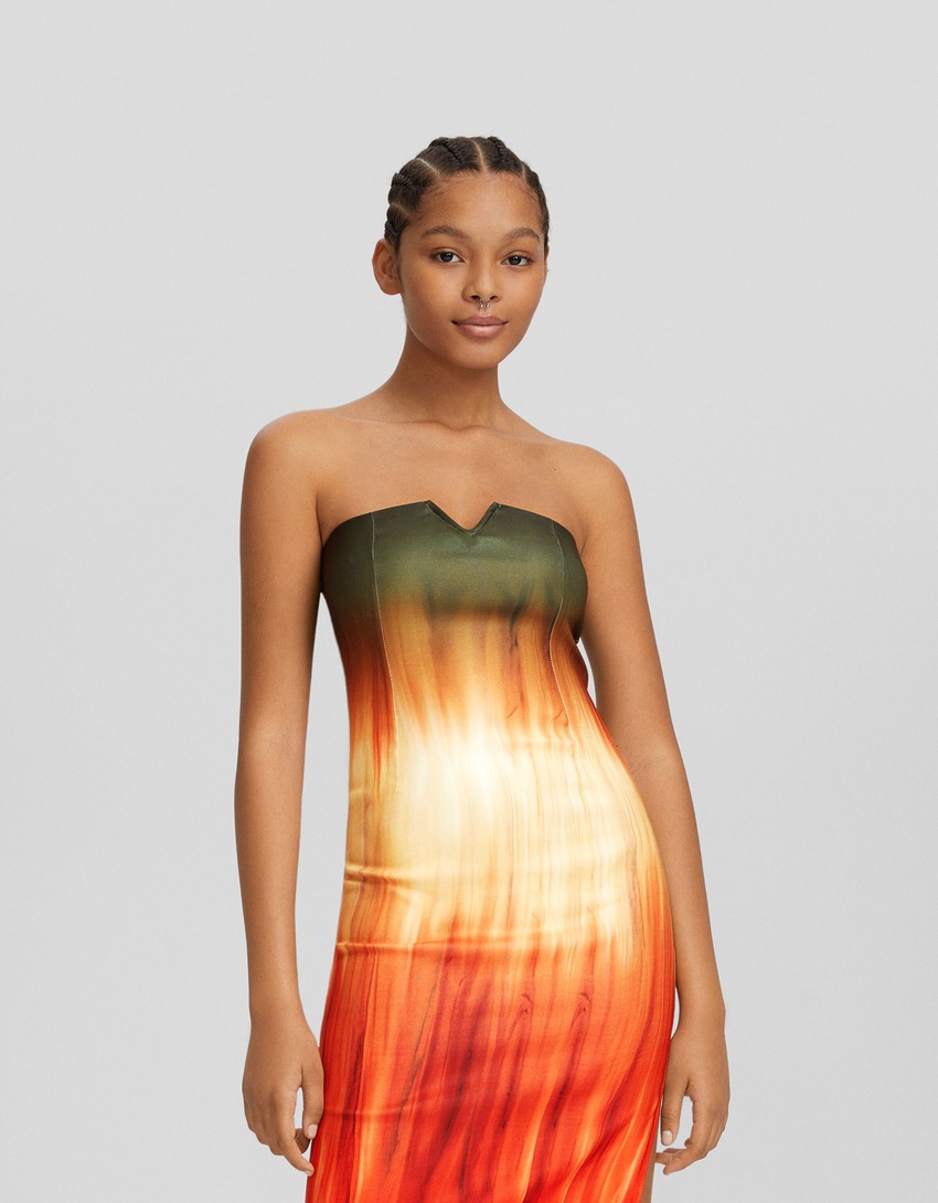 Vestido midi bandeau com estampa bengaline