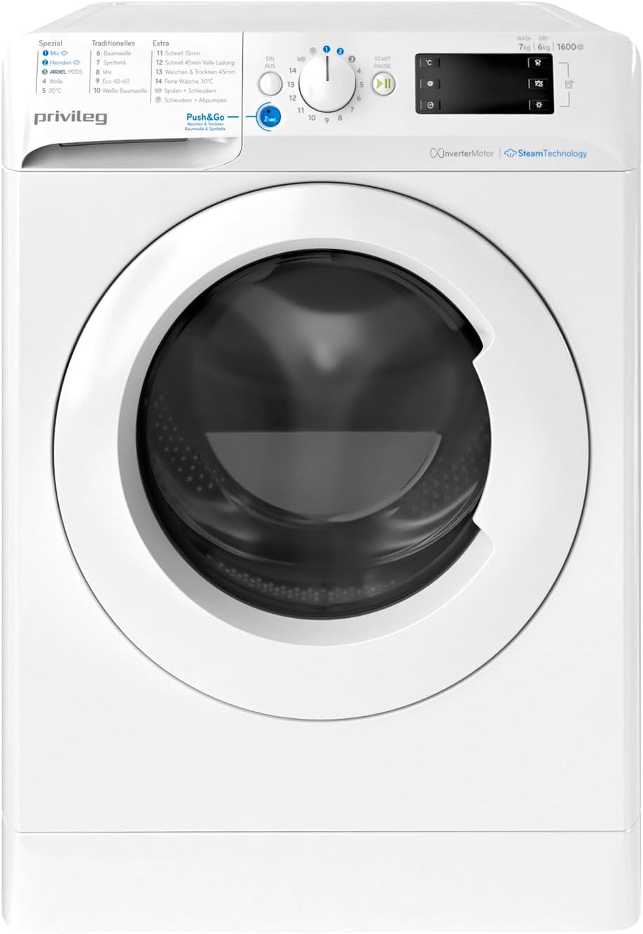 Privileg PWWTV X 76G6 DE N Waschtrockner Frontlader/1600 U/min/Waschen 7 kg/Trocknen 6 kg/ EEK E/Push & Go/Express 30'/ Wolle 20°/Kurz 45'/Inverter-Motor/Mehrfachwasserschutz