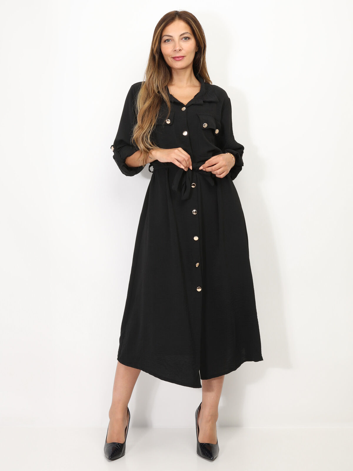 Robe chemise mi-longue à ceinture- Noir