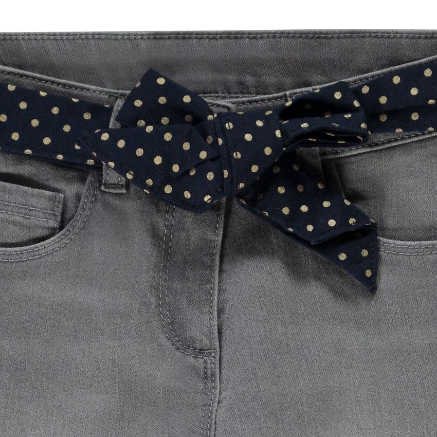 Jean slim + foulard amovible imprimé pois pour fille - Gris chiné