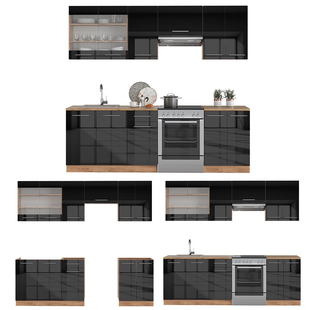 Vicco Küchenzeile Küchenblock Einbauküche Fame-Line Eiche Anthrazit 240 cm modern Küchen Schränke Spülenunterschrank Schubunterschrank Hängeschrank Hängeglasschrank Hochglanz