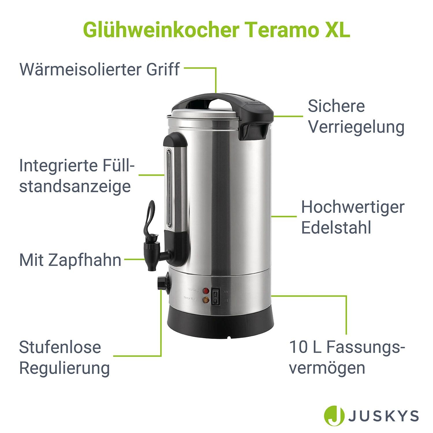 Juskys Glühweinkocher Teramo 10 Liter aus Edelstahl mit Zapfhahn - Heißgetränkespender Glühweinkessel