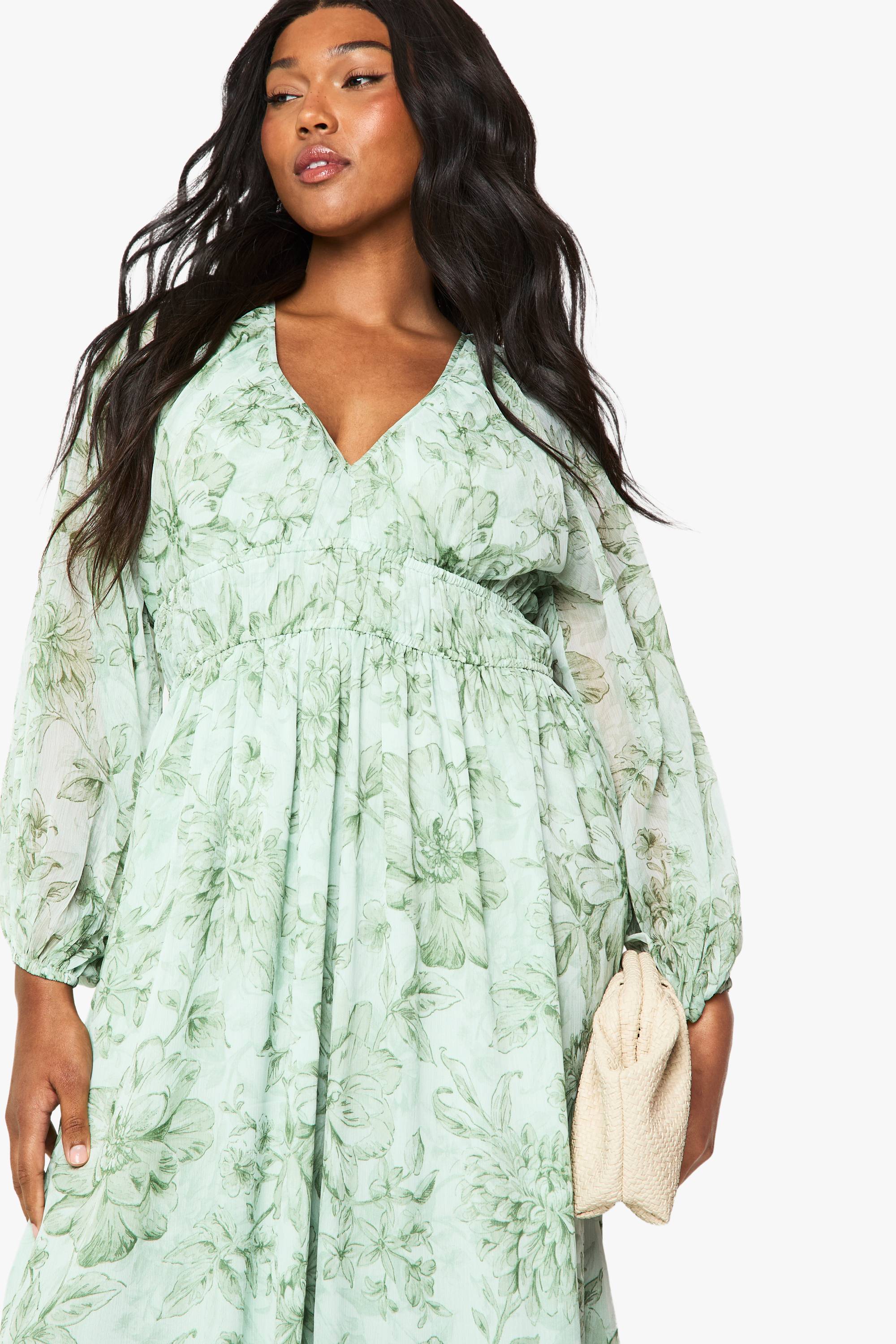 boohoo Robe maxi en chiffon fleuri froncé à manches blouson