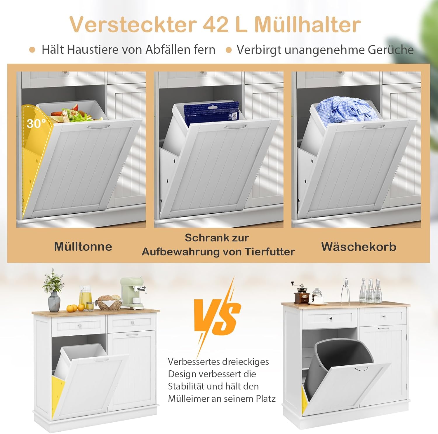 COSTWAY Kommode für Mülleimer 42L, Küchenschrank mit großer Arbeitplatte & 2 Schubladen & verstellbarem Regal, Mülleimerschrank mit Mülleimerhalter, Schrank für Küche ohne Mülleimer (Weiß)