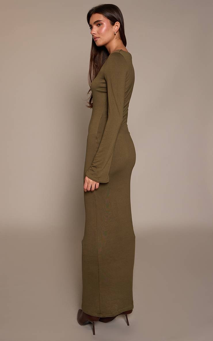 Dark Khaki Robe Maxi À Manches Longues En Jersey Doux Au Toucher