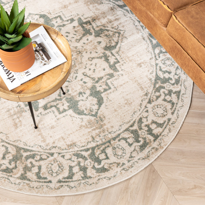 Rond vintage vloerkleed - Spring Medaillon Creme/Groen