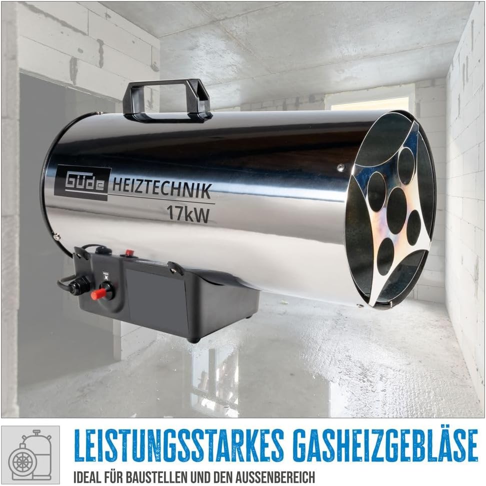 Güde 85006 Gasheizgebläse GGH 17 INOX (17kW, Edelstahlbrenner, Edelstahlgehäuse, Schlauch 1,5 m, Druckminderer)