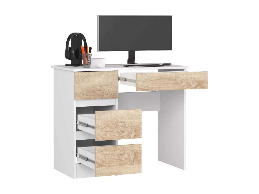 Bureau d'ordinateur AKORD gauche A7 Blanc 90 cm 4 tiroirs façade Chêne Sonoma 90x50x77 cm