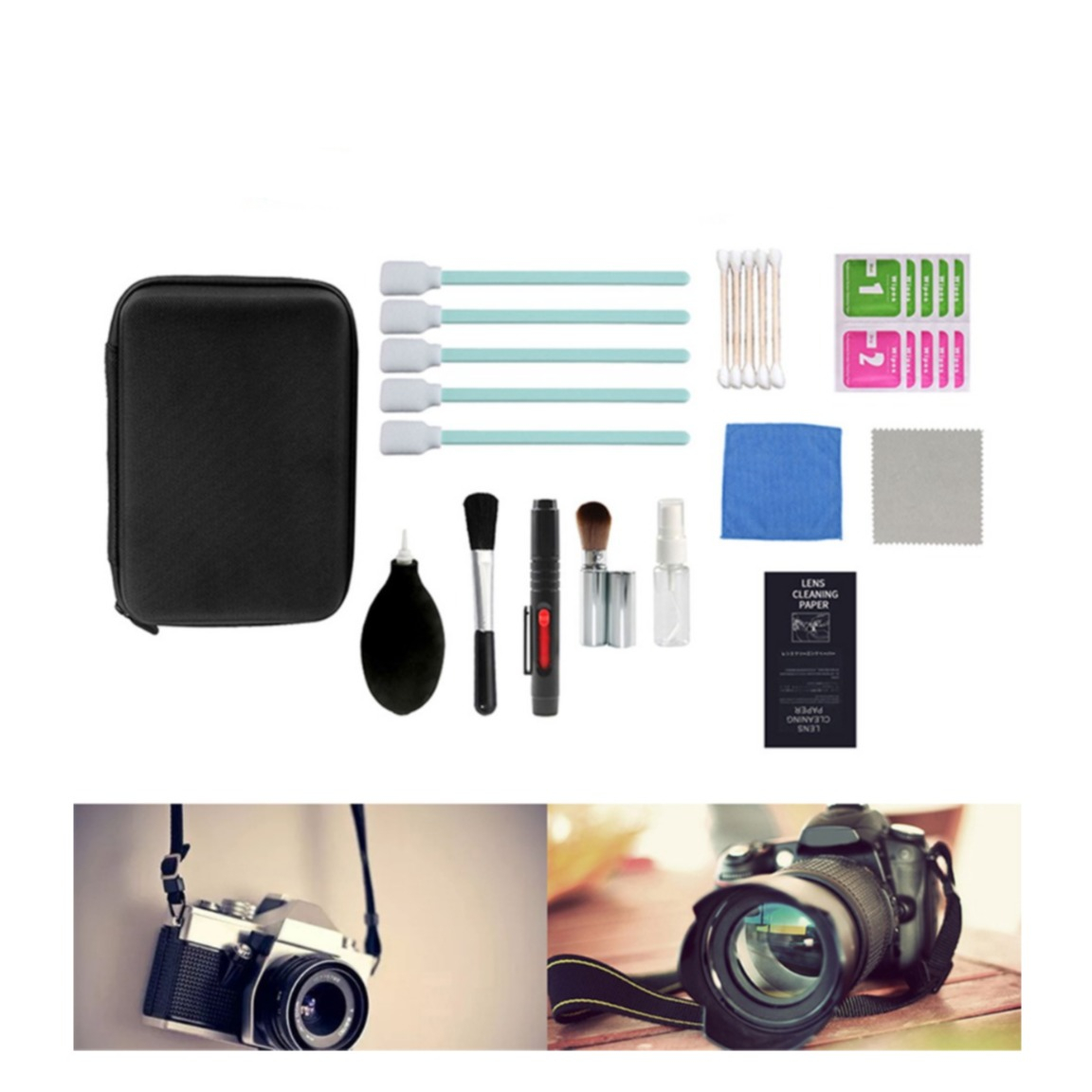 (32-tlg. Set) DSLR Kamera und GoPro Reinigungsset Linsenreiniger mit Mikrofasertuch / Blasebalg / Reinigingstuch und Aufbewahrungsbox
