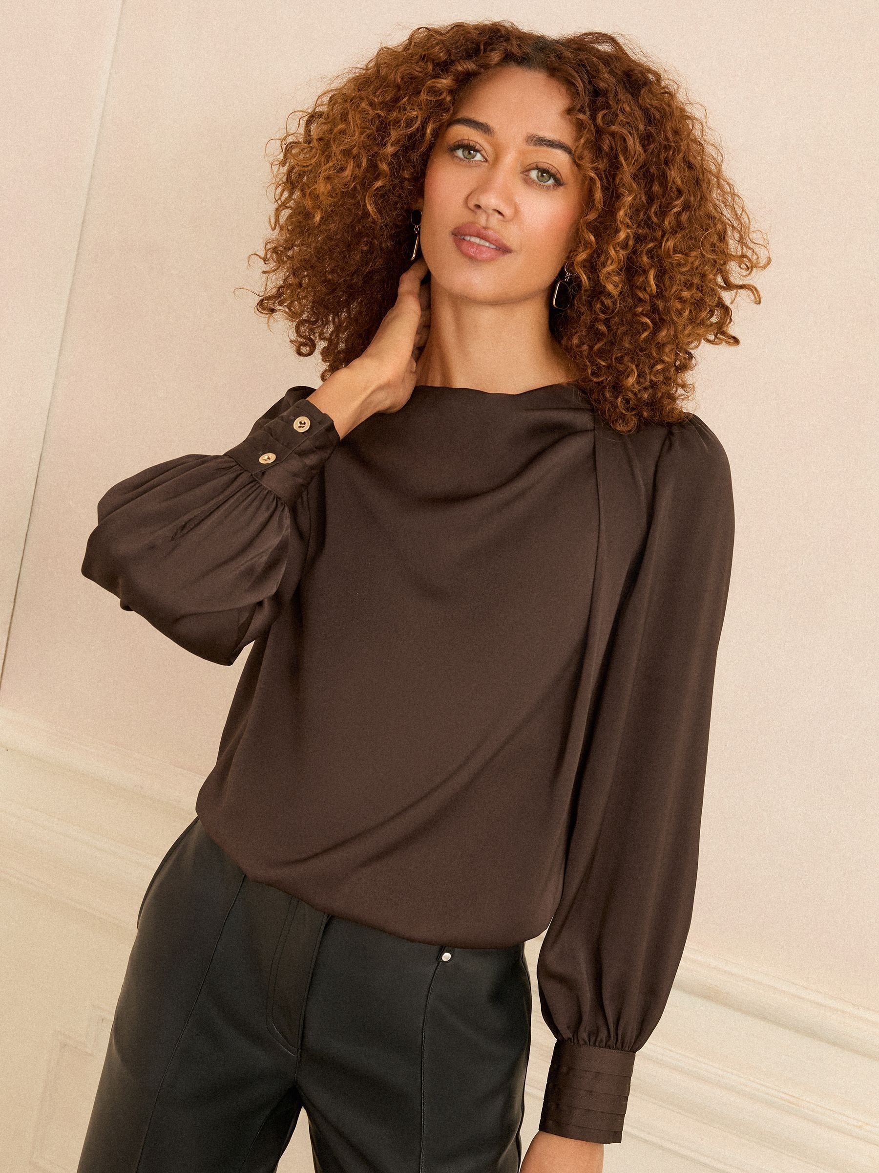 Chocoladebruin - Love & Roses Lange mouwen Satijn Watervalhals Blouse