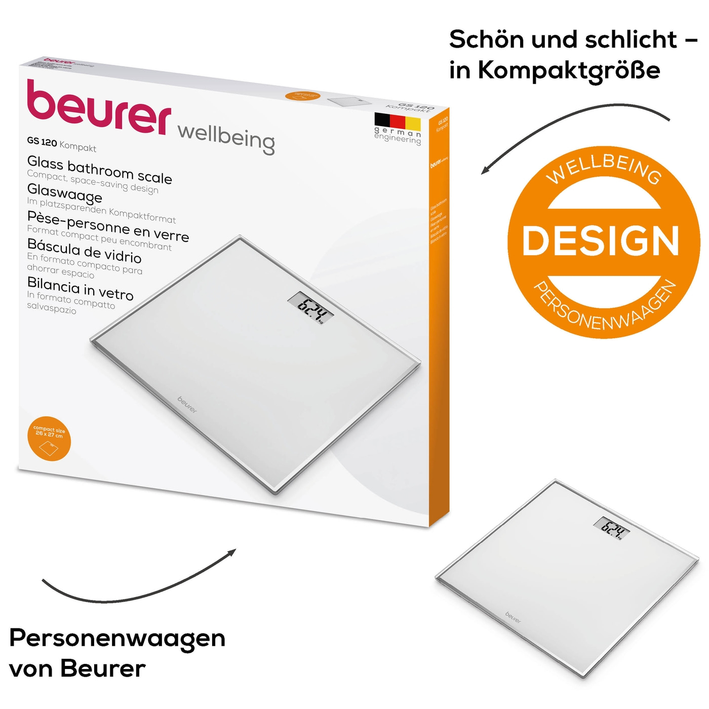 GS 120 Kompakt Glaswaage Personen Waage inkl. Batterie (73576) - Grau