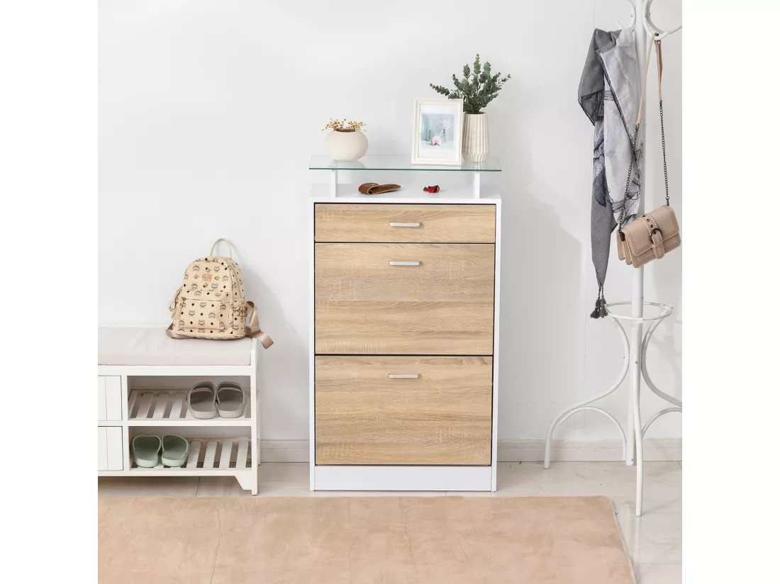 Armoire à chaussures organisateur de luxe pour chaussures 2 portes abattantes 2 compartiments, tiroir, étagère verre panneaux particules chêne blanc