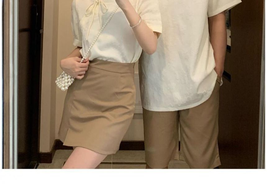Azure - Matching paar korte mouwen effen poloshirt / hoge taille effen shorts / pofmouw blouse met strik / hoge taille effen mini A-lijn rok