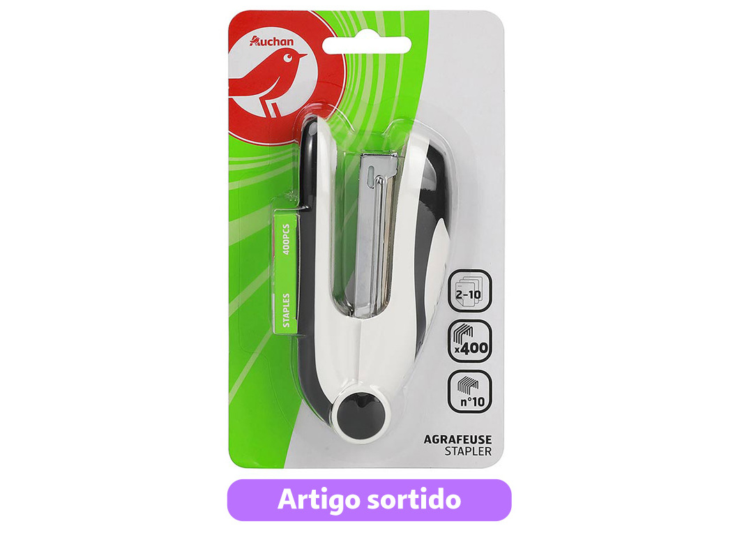 CONJUNTO DE MINI AGRAFADOR N.10 AUCHAN E CAIXA COM 400 AGRAFOS CORES SORTIDAS