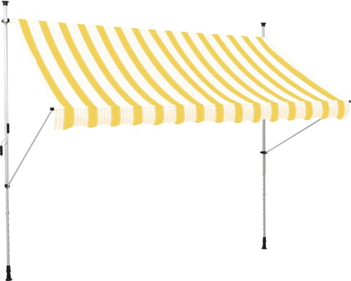 Klemzonnescherm (balkonzonwering) 3x1,5, gestreept doek geel/wit, frame RAL 9003 signaalwit (kit)