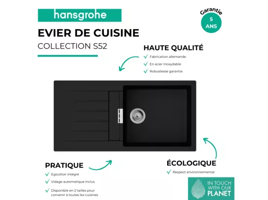 Evier 1 cuve avec égouttoir 980 HANSGROHE S52 synthèse noir