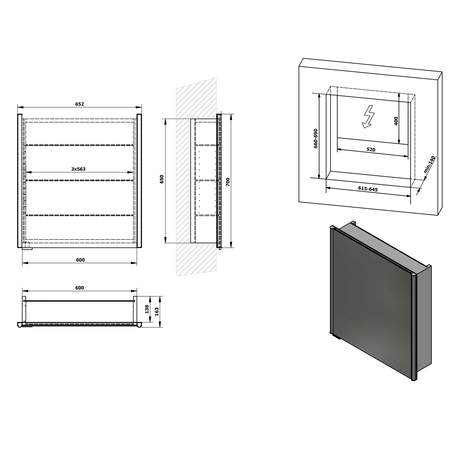 Sapho Integra inbouw spiegelkast met LED verlichting 65x70cm