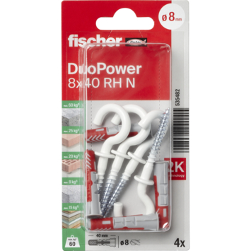 Fischer Universeelplug DuoPower 8x40mm met witte schroefhaak 4 stuks
