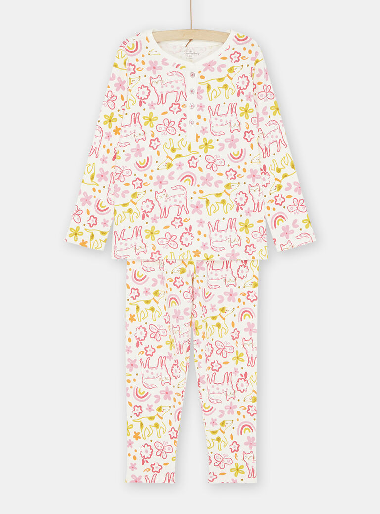 Pyjama écru, rose et jaune à imprimé fantaisie fille