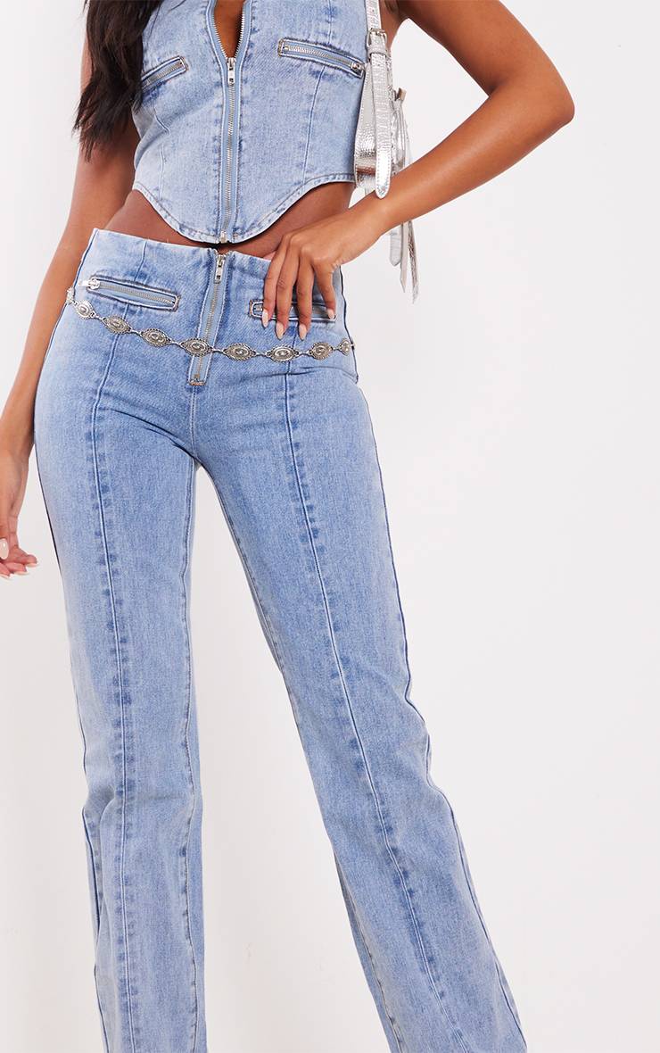 Light Blue Wash Jean Droit Taille Moyenne Avec Détails Zippés Coupe Tall