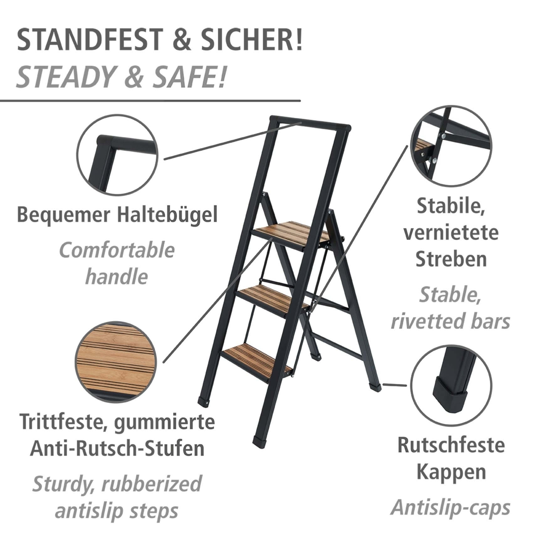 WENKO Trittleiter »Modell Alu-Design« rutschsichere XXL-Stufen, robustes Aluminium in Kombination mit Bambus