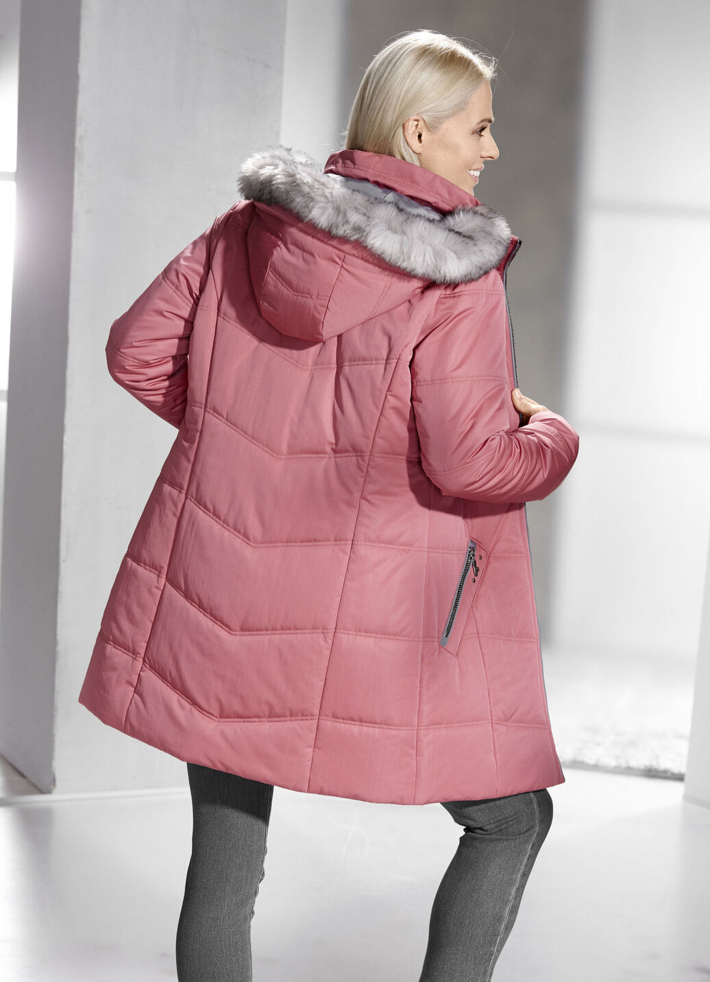 Longjacke mit abnehmbarem Kunstpelz-Besatz