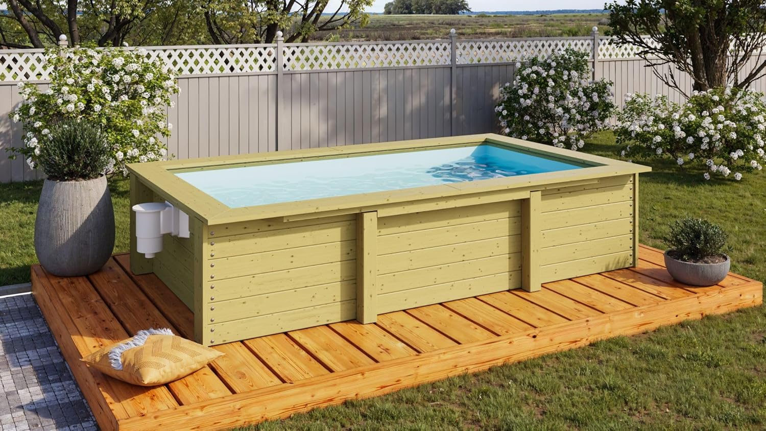 Karibu Pool aus Massivholz mit Skimmer, Filteranlage & Sand, 2,2 m³ Volumen, Poolfolie, Gartenpool aus Holz mit 56 cm Wassertiefe, inkl. Deck & Schutzvlies