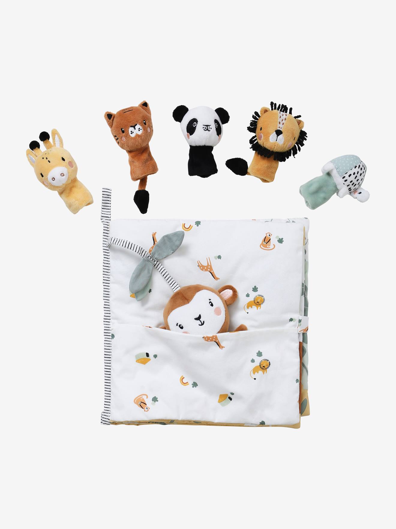 Livro de estímulos + brinquedos de pelúcia de veludo cinza claro liso da Tanzânia com estampas.