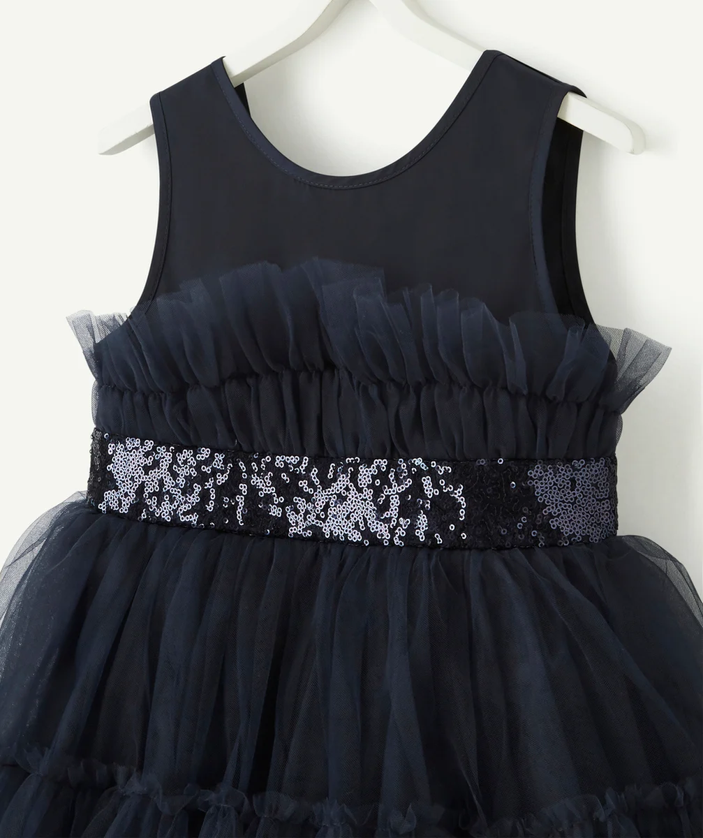 ROBE CRÉATEUR 2022 FILLE EN TULLE BLEU MARINE ET PAILLETÉ