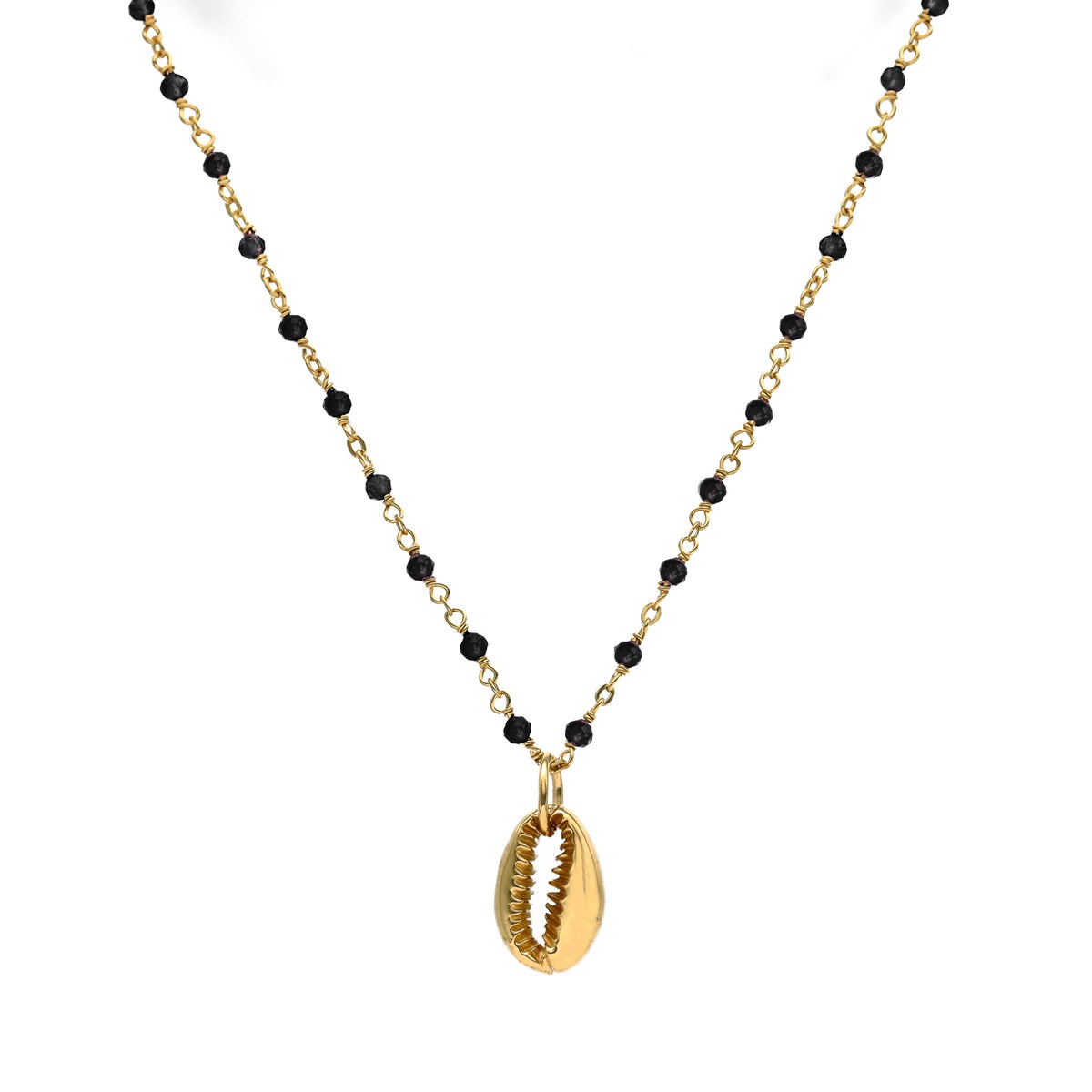 Collier Chaine En Argent Doré Avec Pierres Naturelles Onyx Noir Et Coquillage