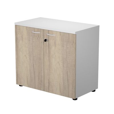 Bibliothèque basse Trend - L80xP44xH72 cm - 2 portes en mélaminé imitation chêne canadien avec serrure - gris