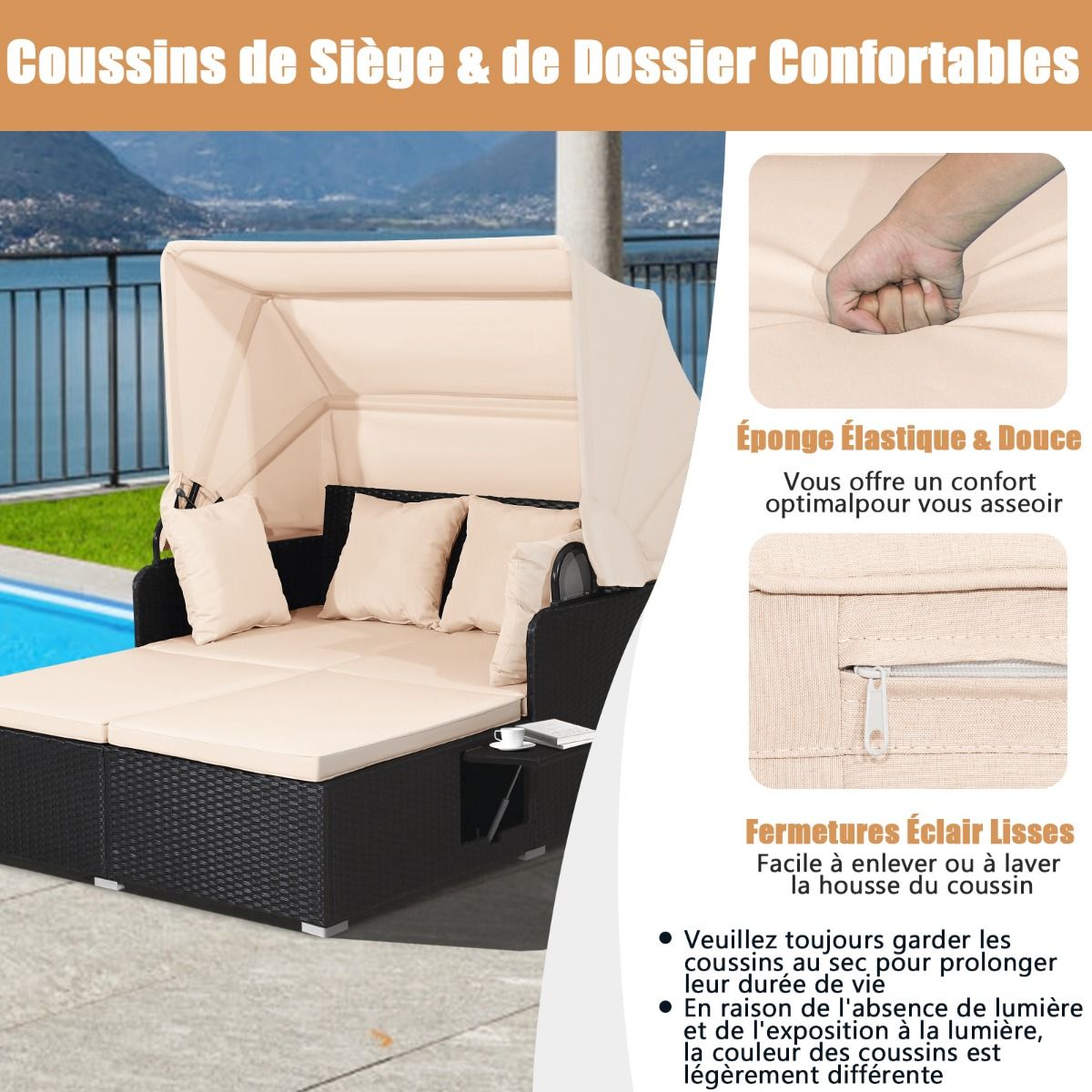 Chaise Longue à 2 Places en Rotin avec Auvent Rétractable Bain de Soleil avec Panneaux Latéraux Pliables Charge 360KG Beige/Gris - Lidl-Manfred