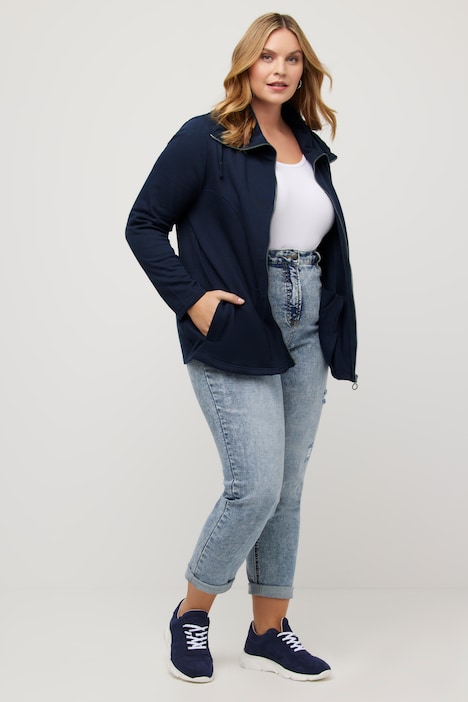 Sweatjacke, drapierter Stehkragen, Kunstleder-Details