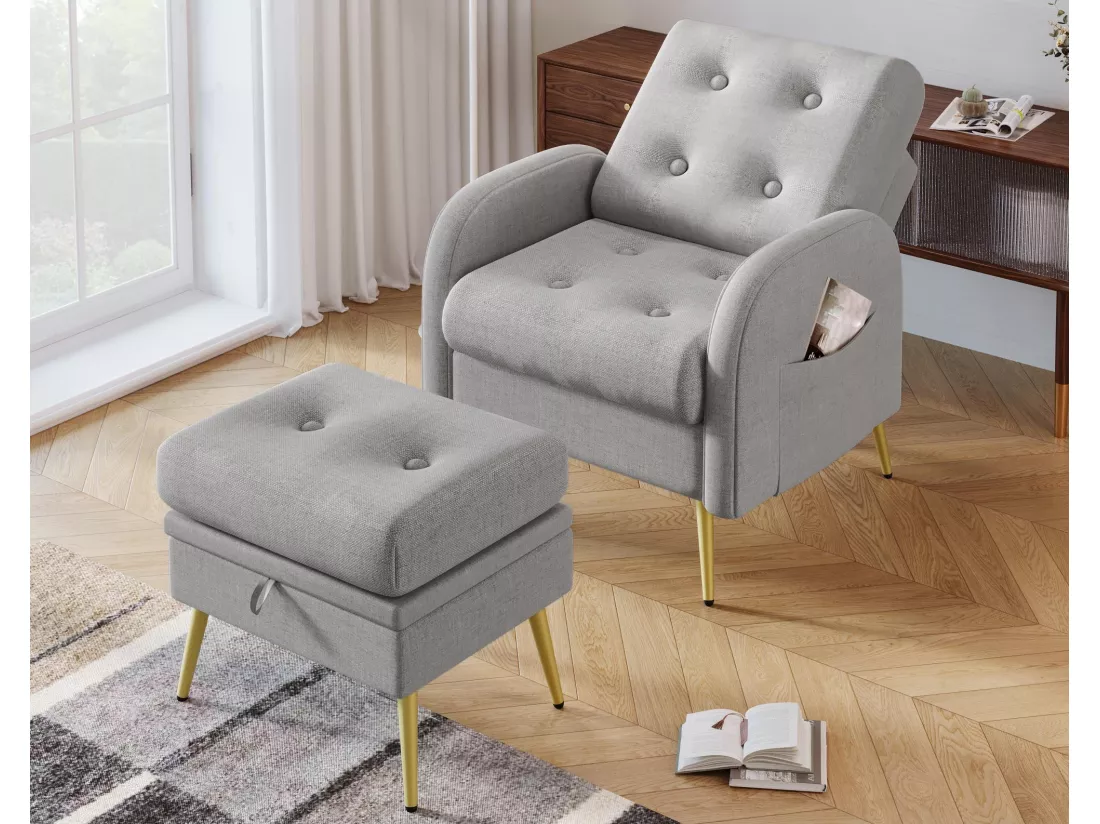 Fauteuil avec repose-pieds - dossier réglable - Gris