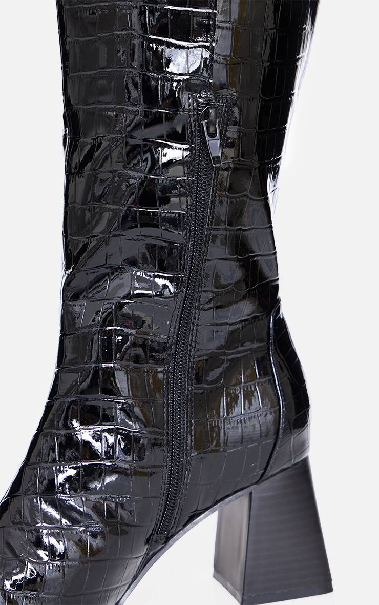Bottes Hautes À Talon Bloc Effet Croco En Synthétiquecuir Coupe Large Bout Rond
