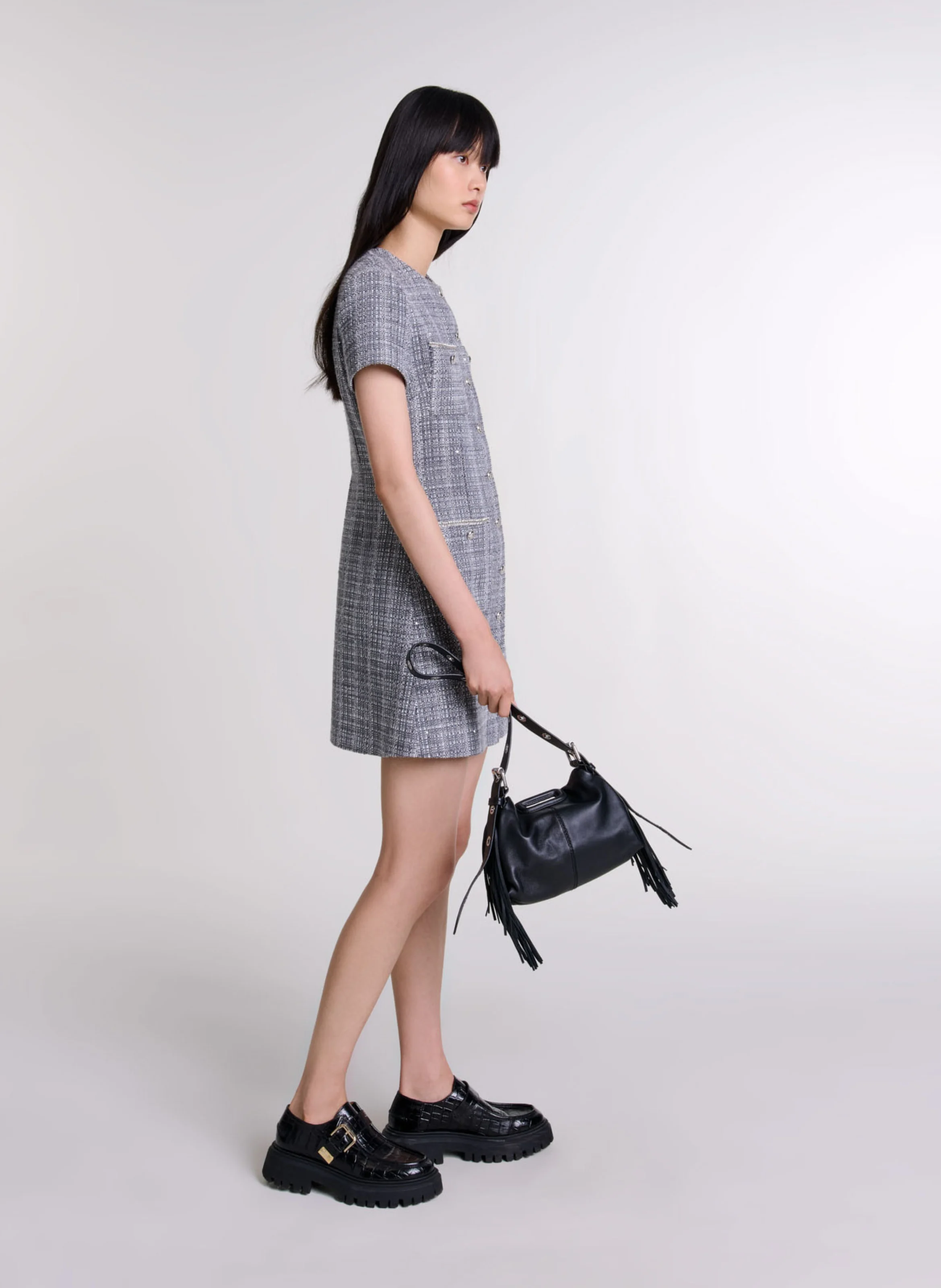 Robe courte col rond en coton mélangé | Gris