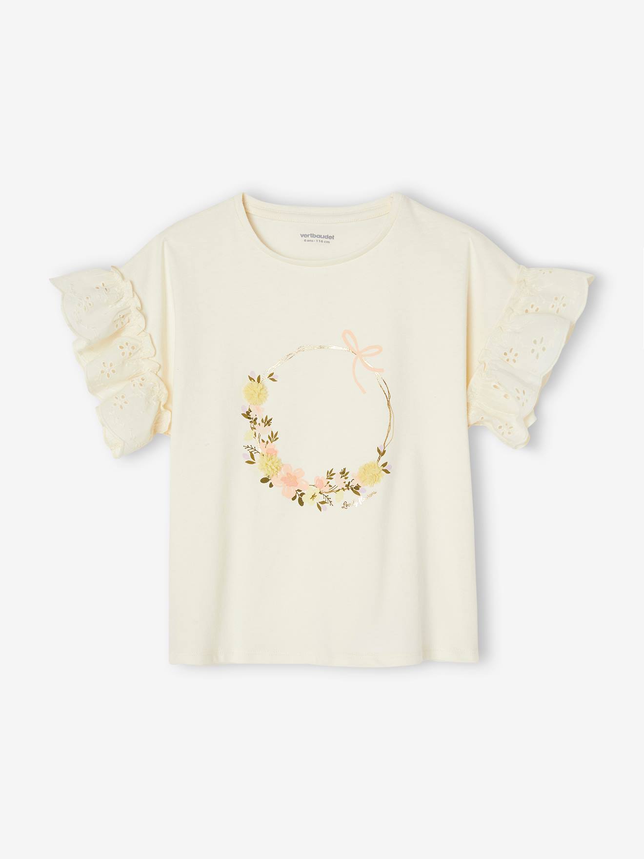 Camiseta off-white com estampa de coroa e detalhes iridescentes para meninas.