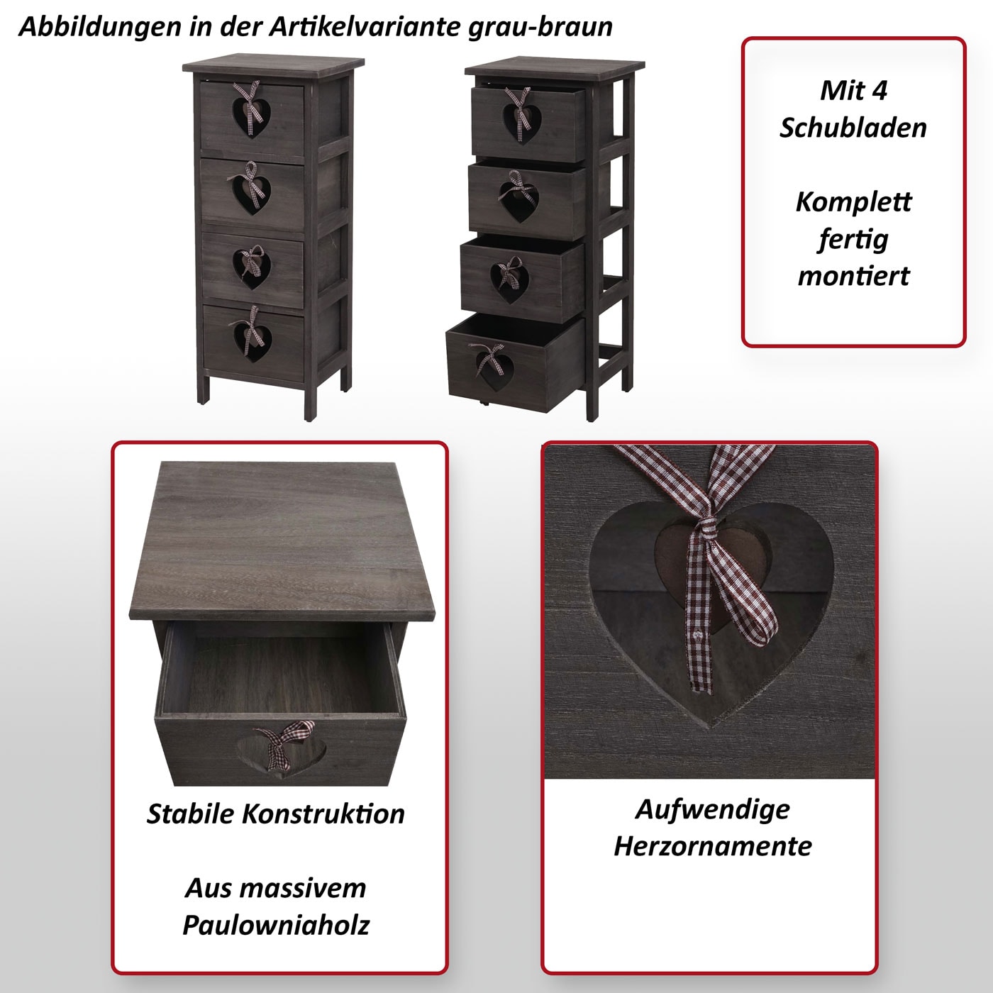 Kommode Sues, Schubladenkommode Schrank, 4 Schubladen mit Herzen 70x29x25cm, Shabby-Look, Vintage ~ grau-blau