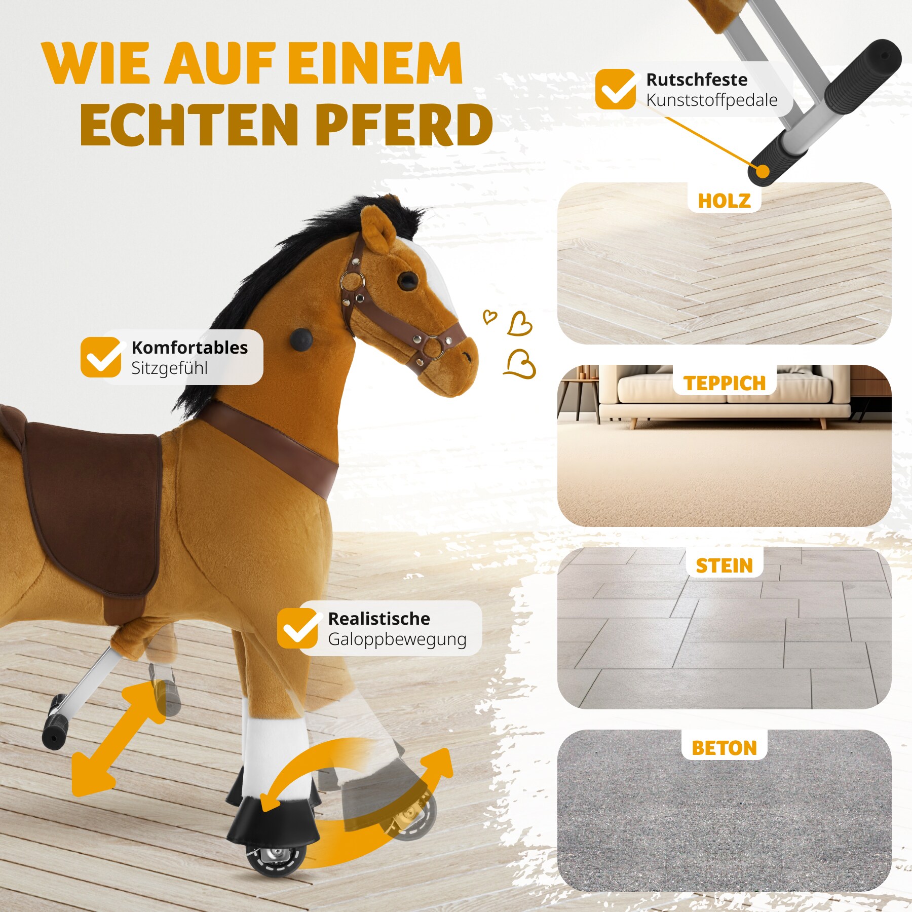 tectake® Schaukelpferd auf Rollen, verschiedene Größen, realistisches Design, leichtgängig, hohe Belastbarkeit, rutschfeste Gummigriffe und -pedale