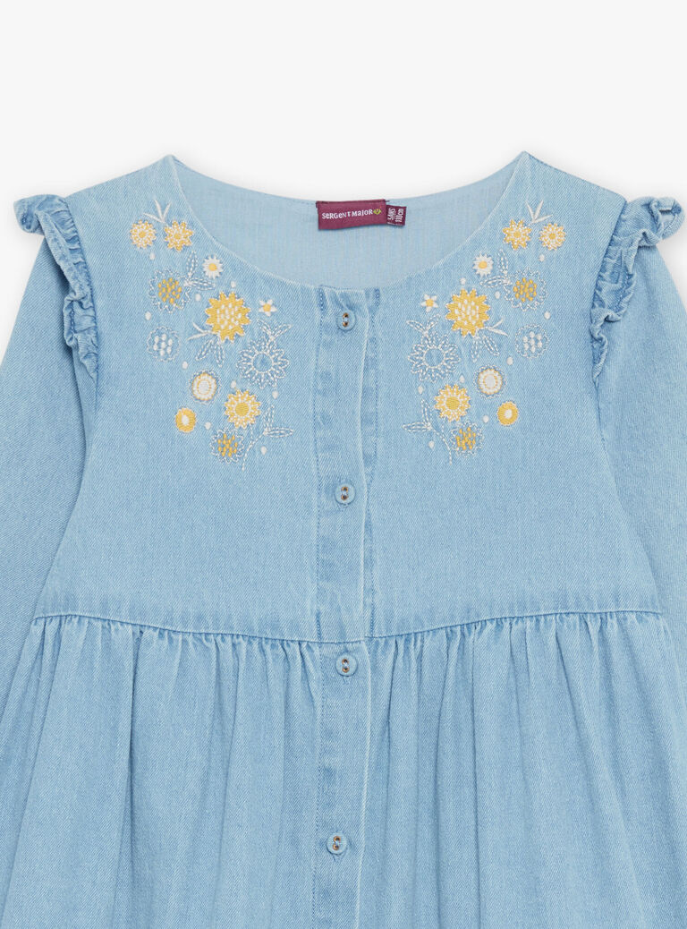 Robe en denim bleu à broderies fleuries
